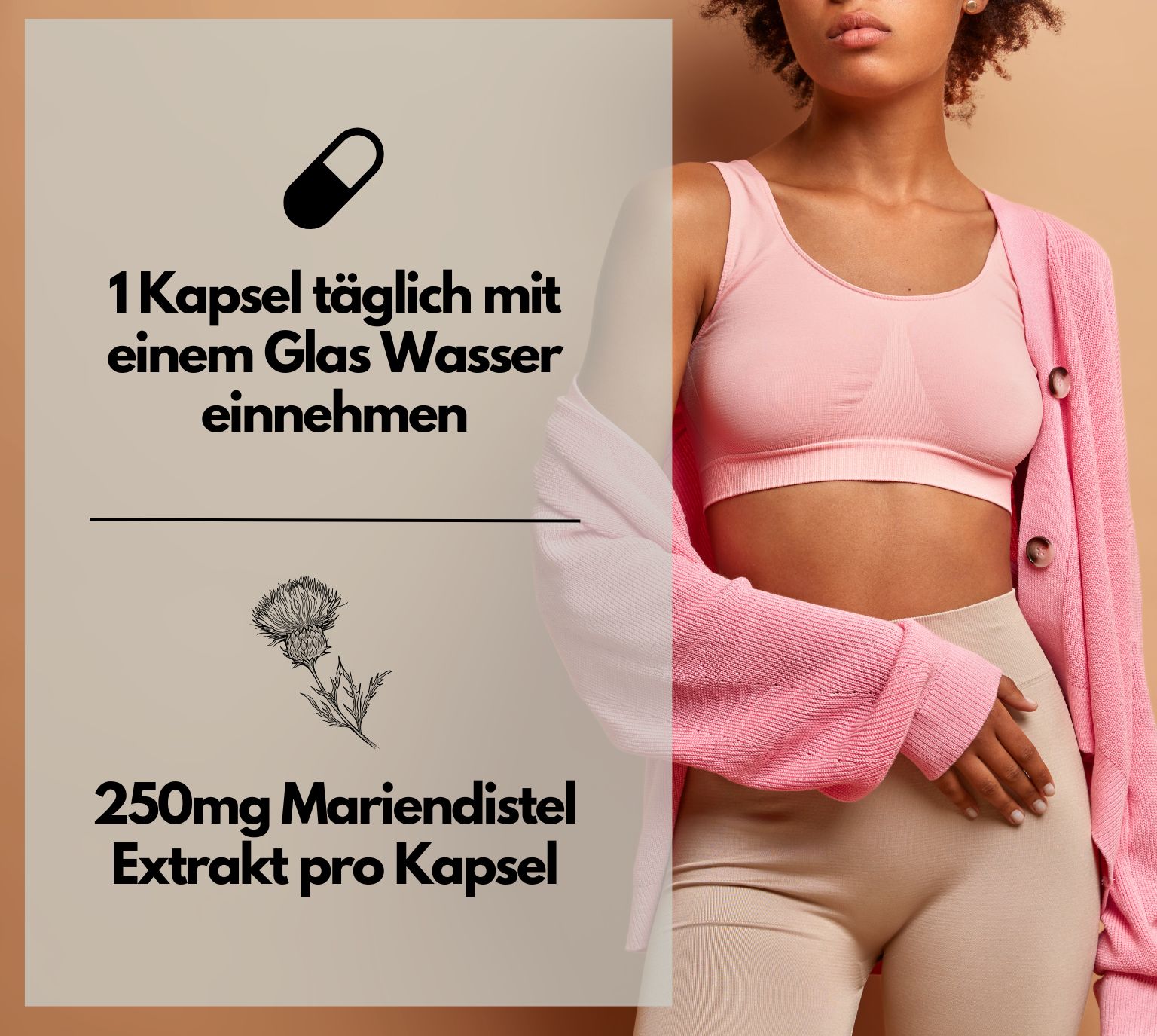 Immagine con testo: 1 capsula al giorno con acqua. 250mg estratto di cardo mariano per capsula. Donna sullo sfondo.