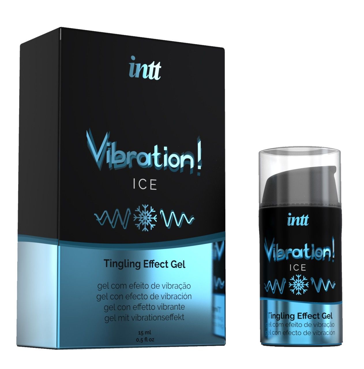 Flacone INTT Vibration! Ice Gel Effetto Vibrazione con erogatore, nero, su sfondo bianco.