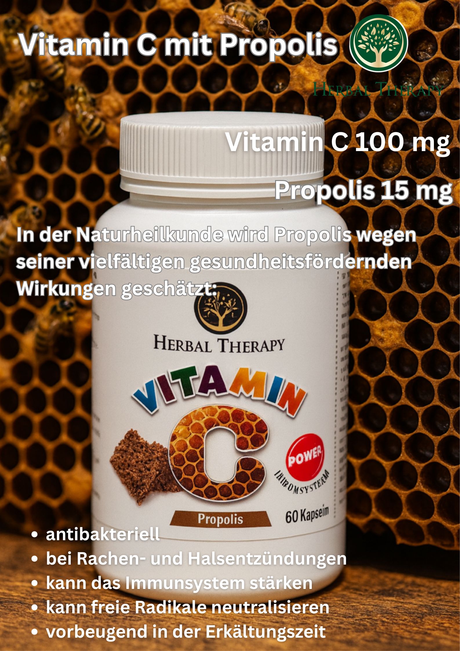 Flacone con vitamina C e propoli. Scritta: Herbal Therapy, vitamina C 100 mg, propoli 15 mg. 60 capsule.