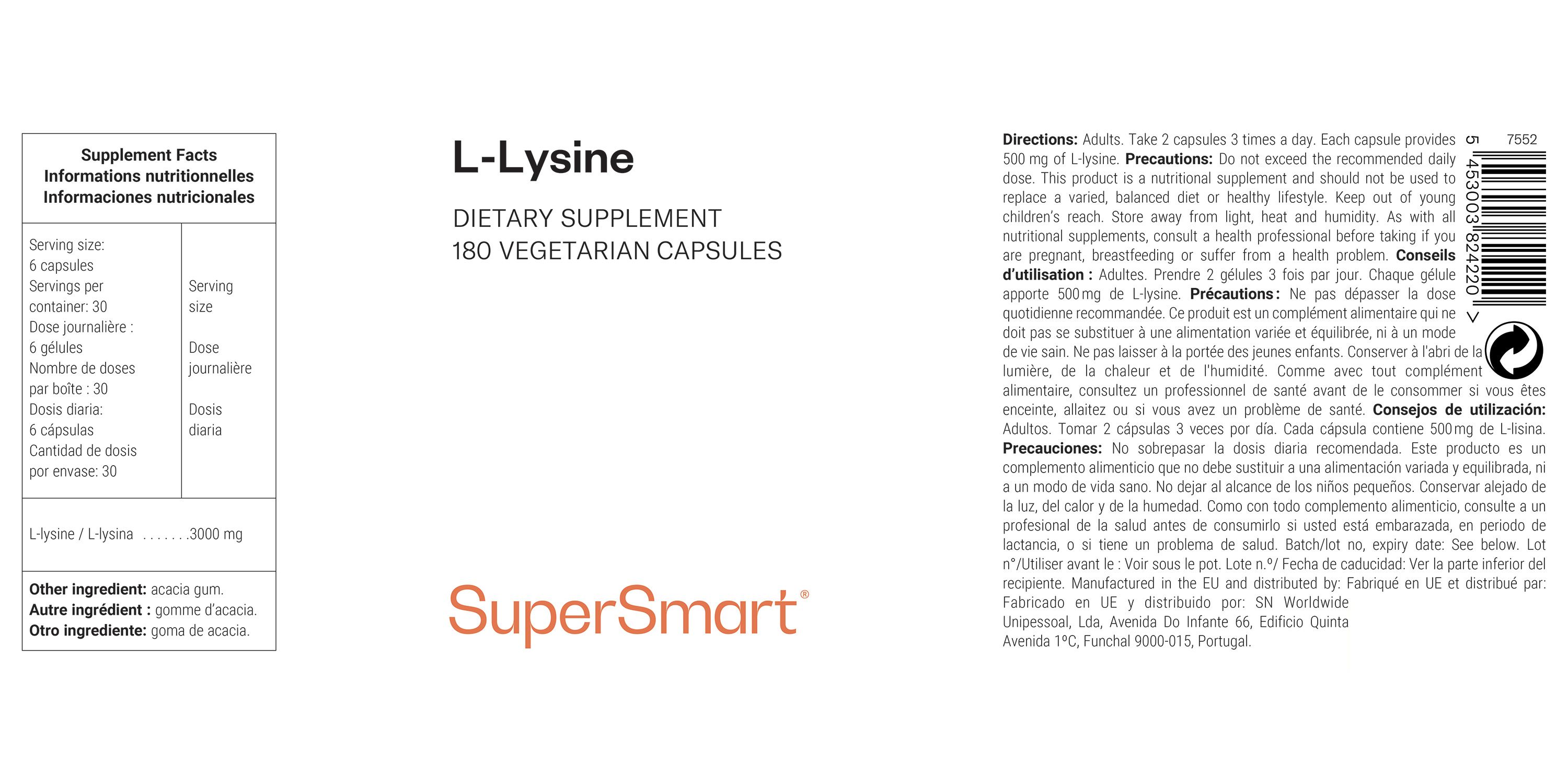 Integratore alimentare L-Lisina. 180 capsule vegetariane. Logo SuperSmart. Informazioni nutrizionali e dosaggio.