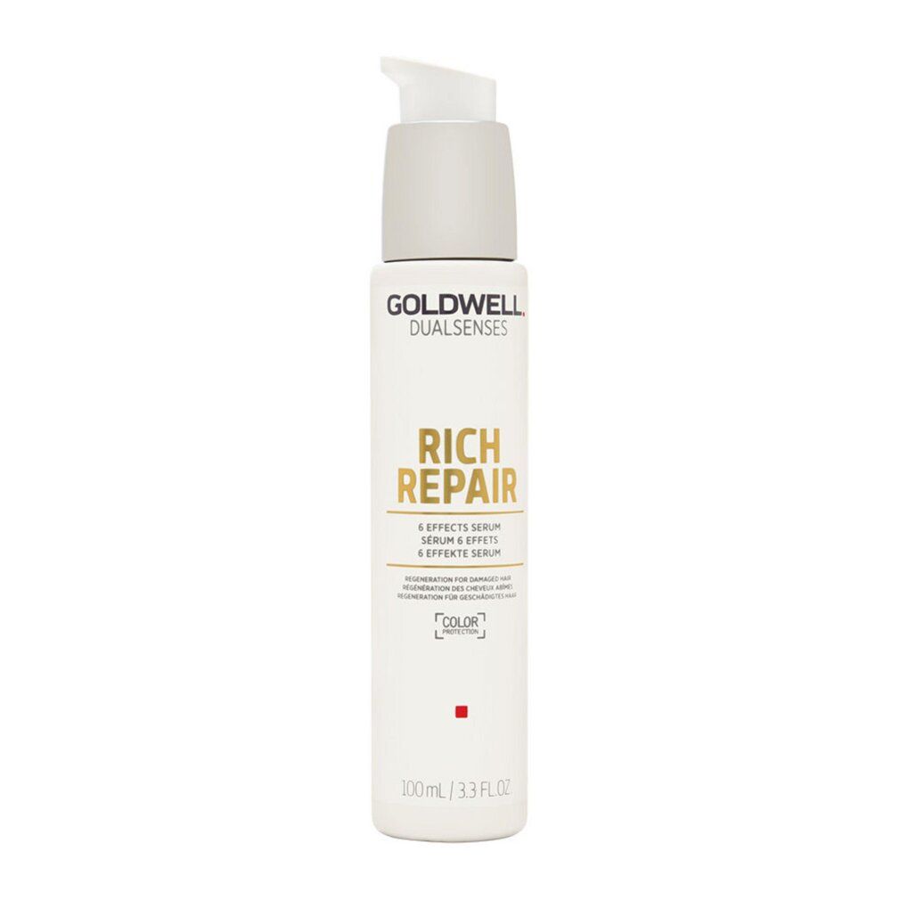 Siero per capelli Goldwell Dualsenses Rich Repair. Flacone bianco con dosatore argento. Testo: Rich Repair, 6 Effects Serum.