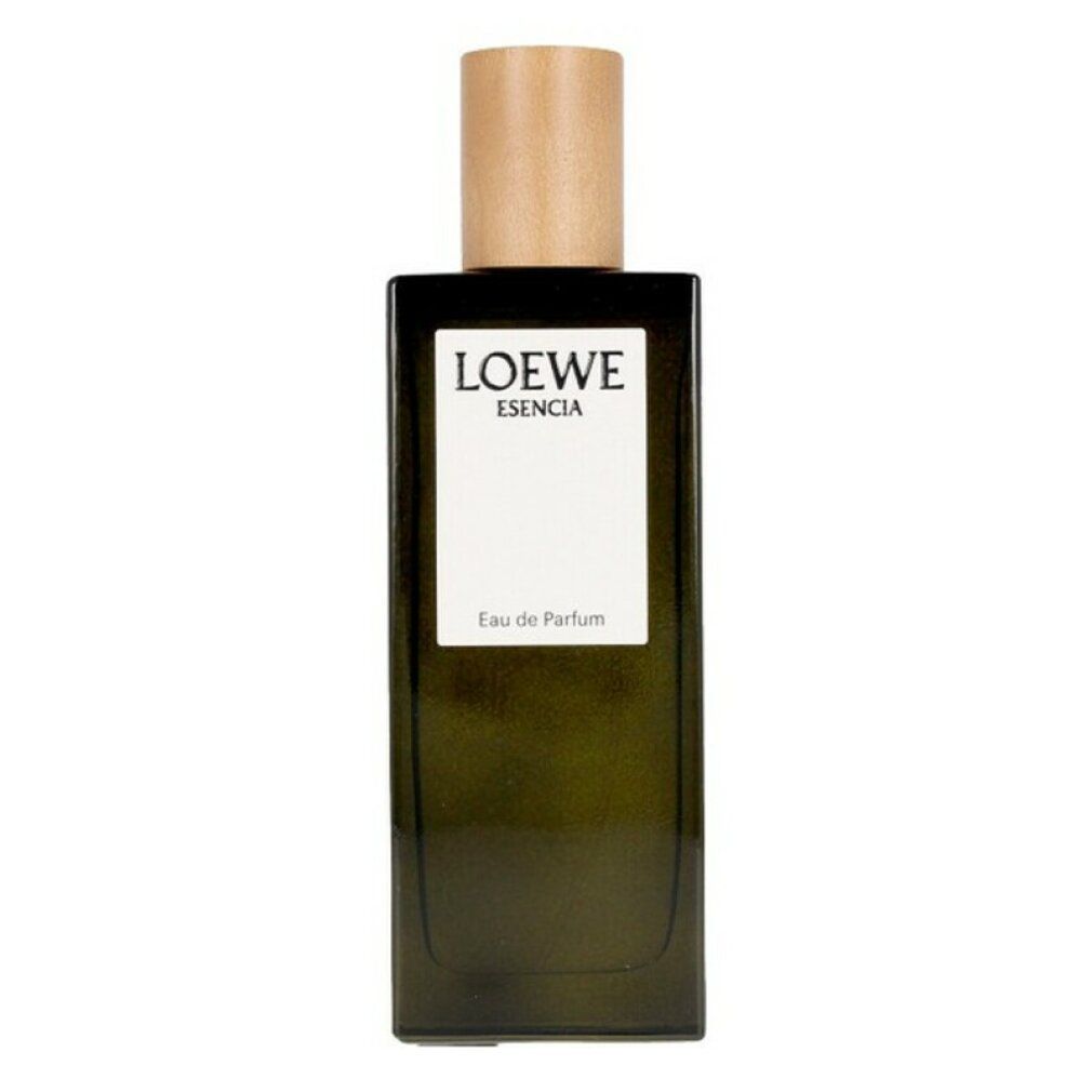 Flacone verde scuro con tappo in legno. Etichetta bianca con testo nero: LOEWE ESENCIA Eau de Parfum.