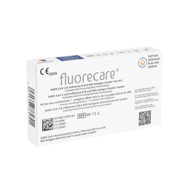 Scatola bianca con scritte. Fluorecare, test combinato antigene SARS-CoV-2 & Influenza A/B & RSV. Marchio CE.