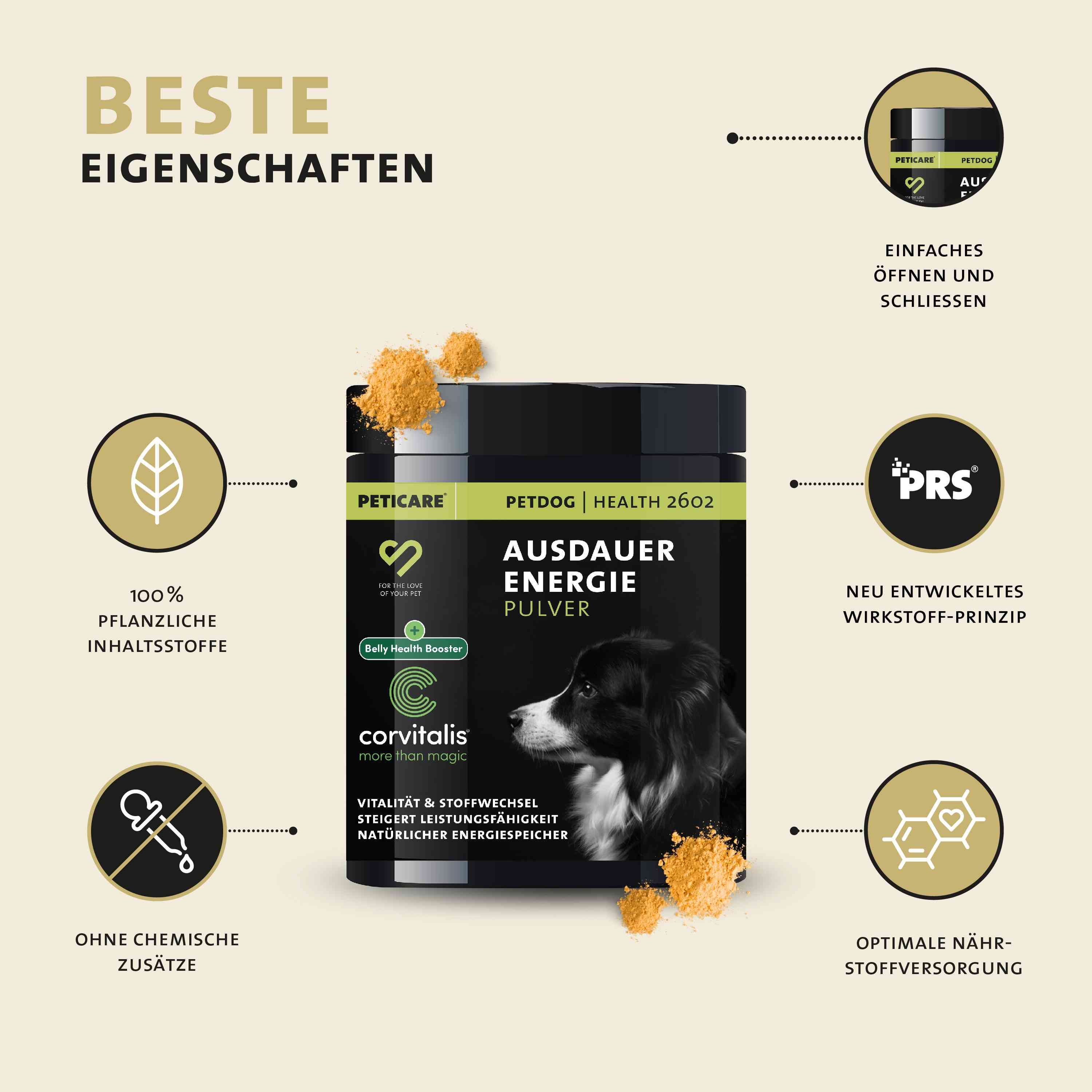 Barattolo Peticare Ausdauer Energie Polvere con icone: foglia, contagocce, Corvitallis C, molecola.