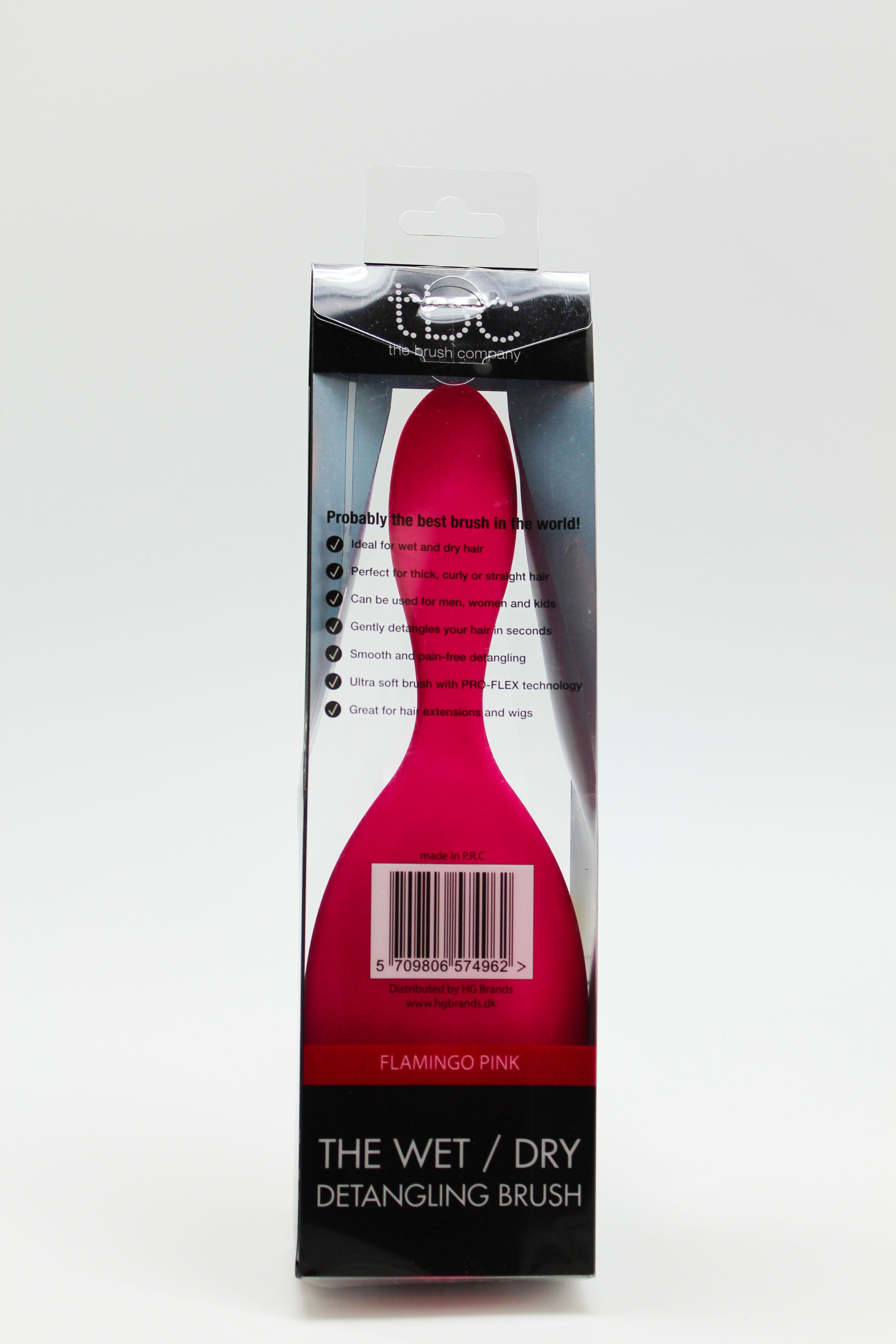 Retro della spazzola districante TBC Flamingo Pink in confezione, con codice a barre e caratteristiche.