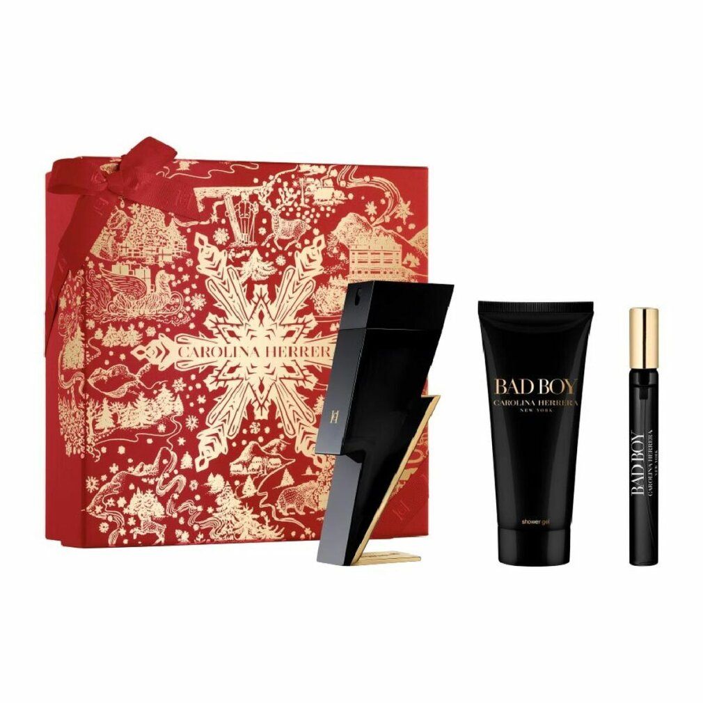 Set regalo con flacone di profumo, gel doccia e campioncino. Flaconi e tubo neri con dettagli dorati. Scatola rossa con fiocco.