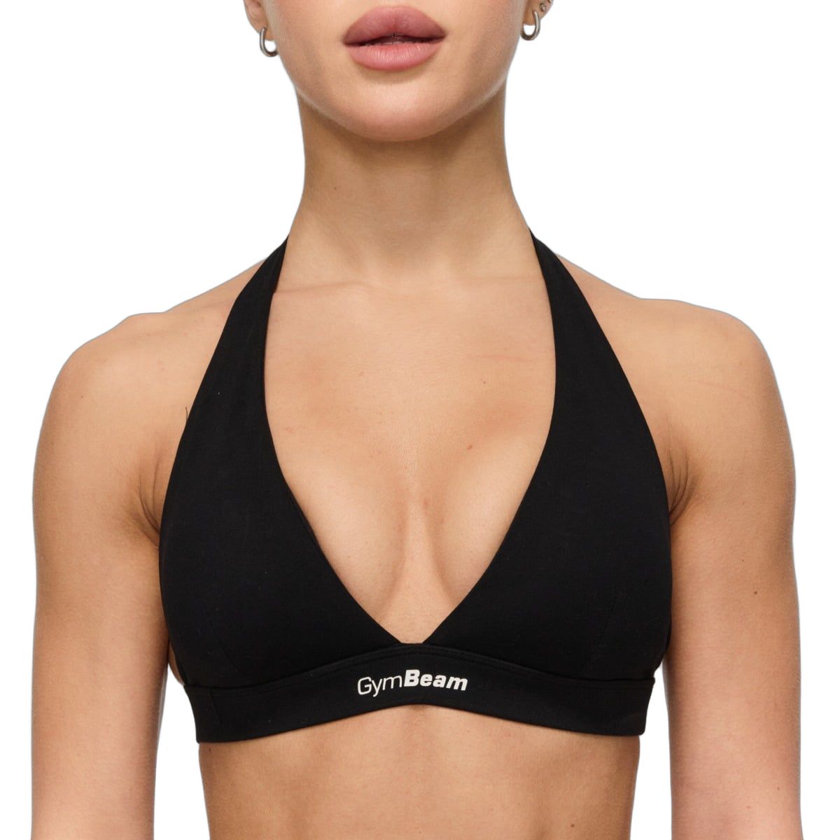 Vista frontale di un reggiseno sportivo nero con scollatura profonda e logo GymBeam.