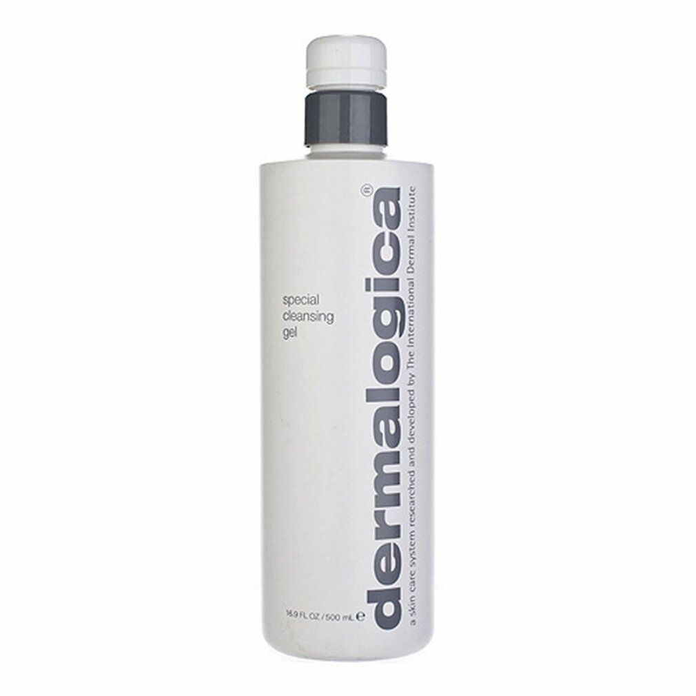 Dispenser bianco con tappo a vite. Scritta: Special Cleansing Gel, dermalogica. Tappo grigio.