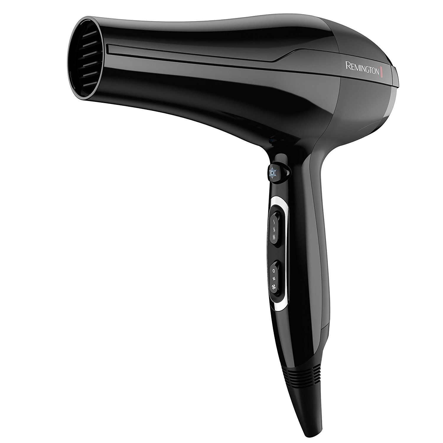 Asciugacapelli nero con logo Remington. Tre pulsanti sull'impugnatura. Ugello e impugnatura angolati.