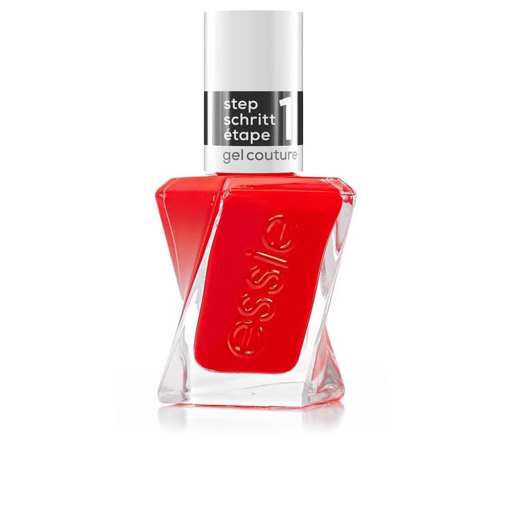Smalto per unghie rosso in bottiglia di vetro. Visibile il nome essie. Sul tappo 'step 1 gel couture'.