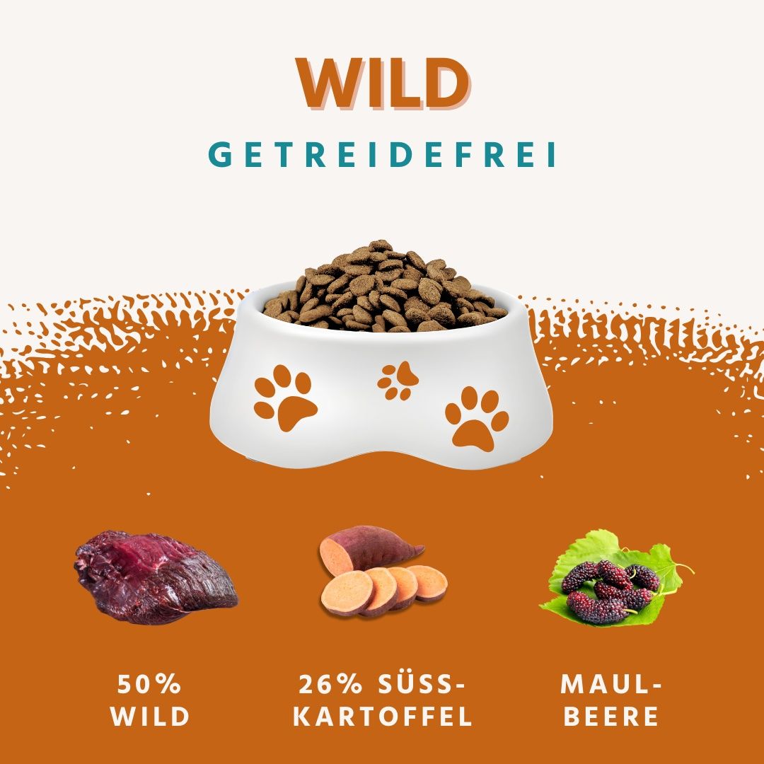 Cibo per cani in ciotola. Ingredienti: carne di selvaggina, patata dolce, mora. Testo: Senza cereali, 50% selvaggina, 26% patata dolce.