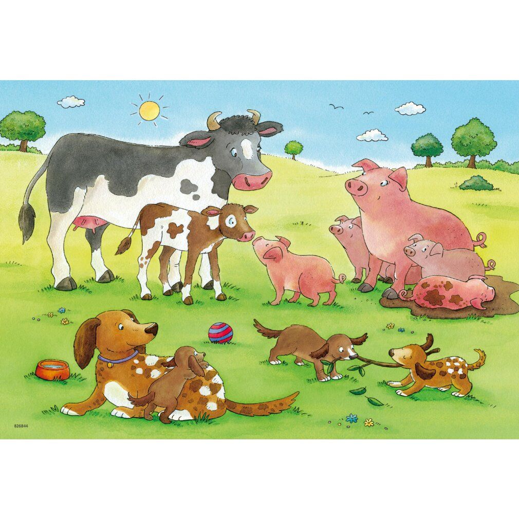 Puzzle con motivo animale. Rappresentazione di mucca, maiale e cane in un prato. Sole e cielo blu sullo sfondo.