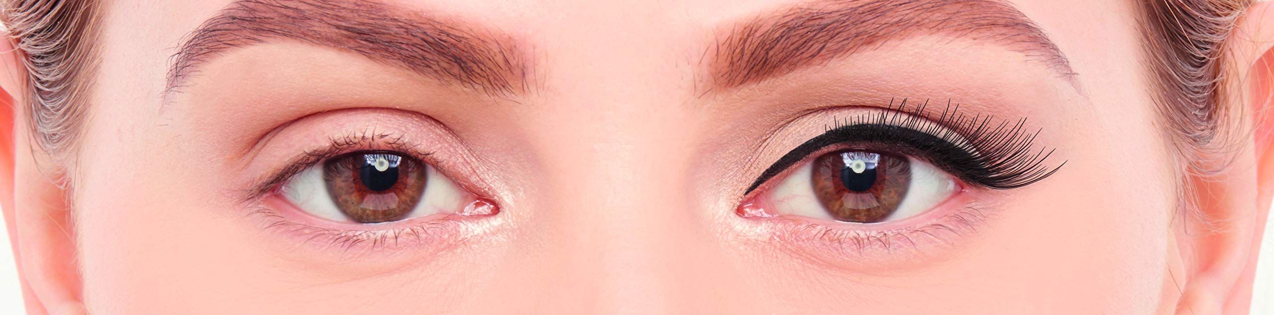 Primo piano degli occhi. Un occhio senza ciglia, l'altro con ciglia finte applicate.