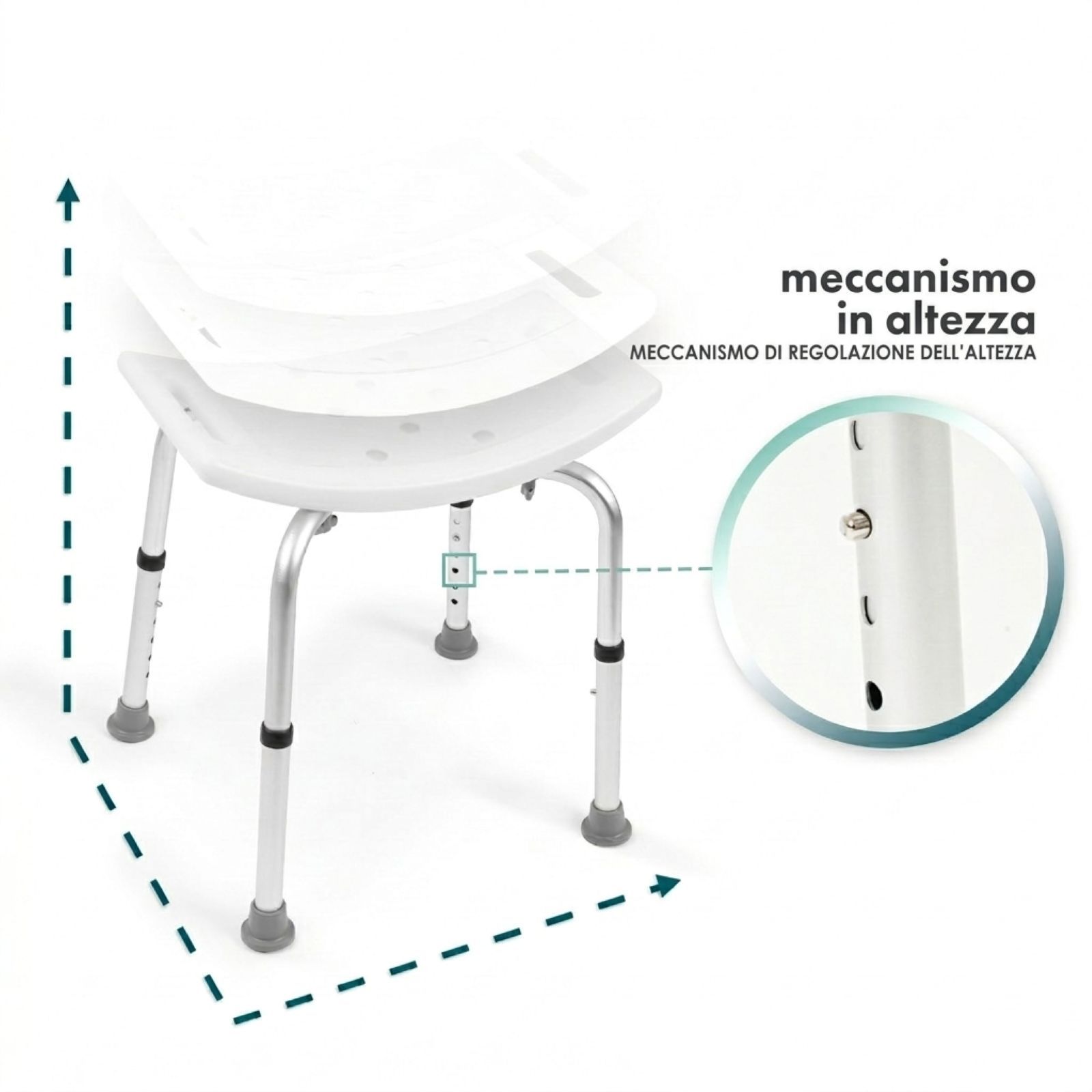 Sgabello doccia bianco, gambe argentate. Regolabile in altezza. Marchio: Floordirekt.