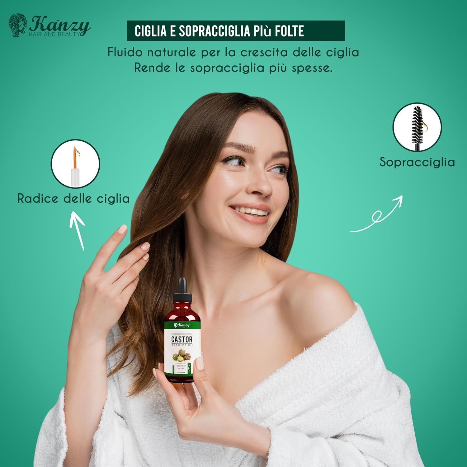 Donna che tiene in mano una bottiglia marrone con contagocce. Logo Kanzy. Etichetta del prodotto. Frecce verso ciglia e sopracciglia.