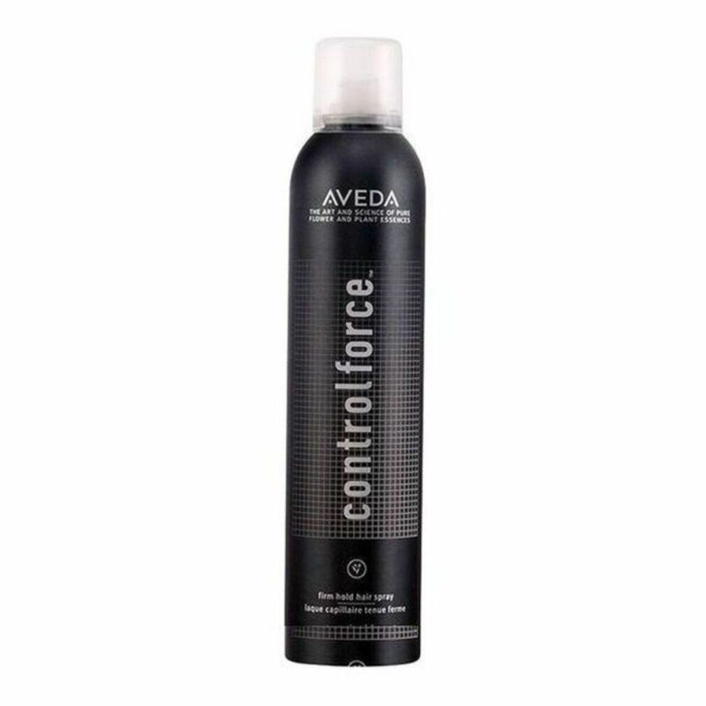 Aveda Control Force Spray. Bomboletta nera, tappo bianco. Testo: "controlforce", "firm hold hair spray".