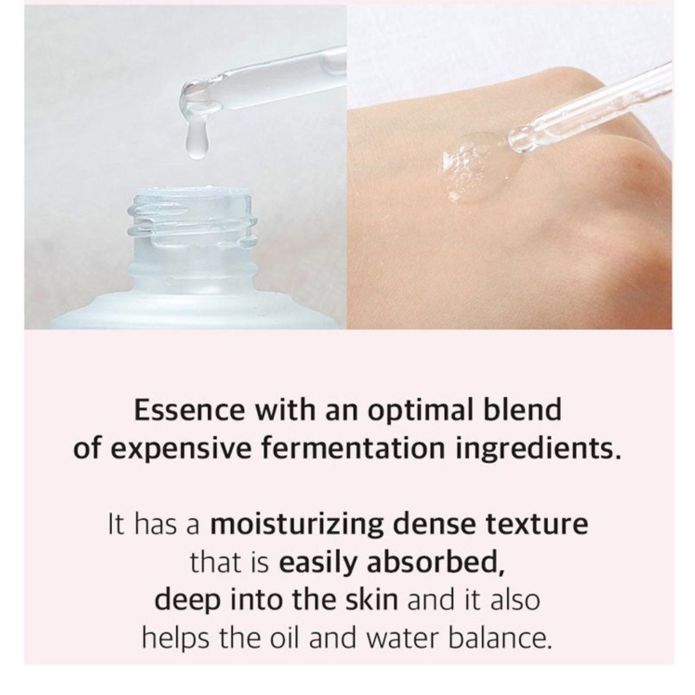 Due immagini: flacone di siero e siero sulla pelle. Testo: Essenza con ingredienti. Texture idratante, facile da assorbire.