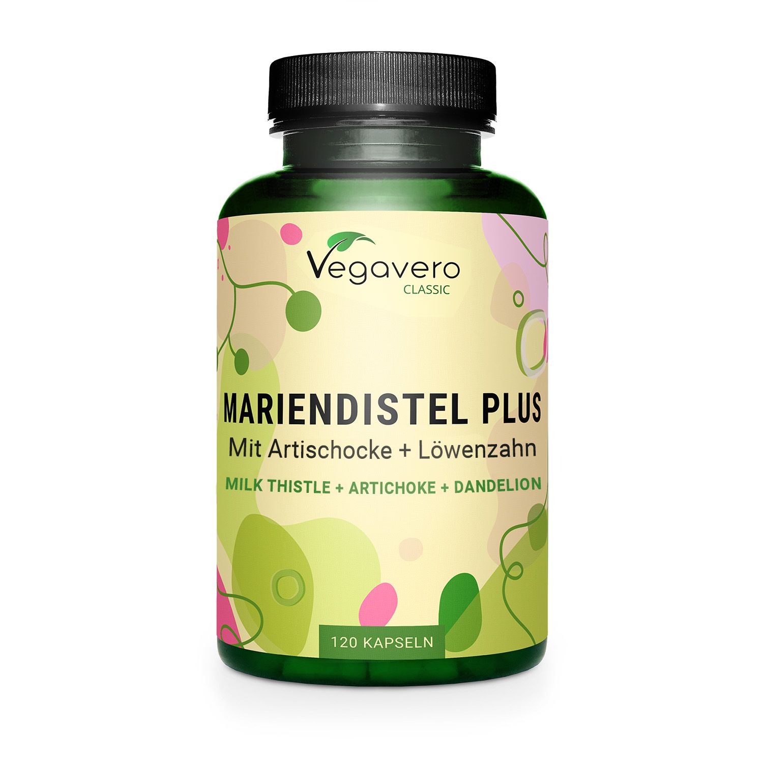 Flacone verde con capsule. Scritta: Mariendistel Plus, 120 capsule. Logo Vegavaro Classic.