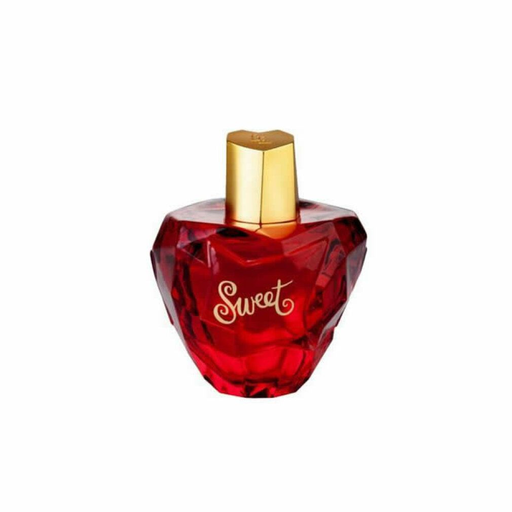 Flacone a cuore rosso con tappo dorato e scritta Sweet. Eau de Parfum.