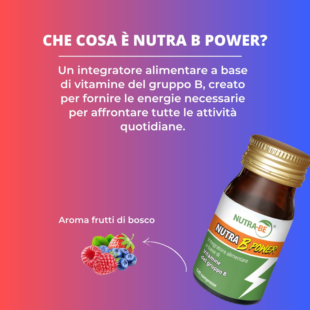 Flacone "NUTRA B POWER" accanto a testo su ingredienti ed energia. Illustrazione di frutti di bosco.
