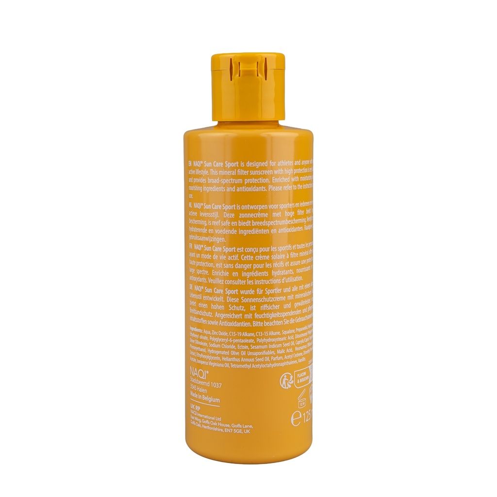 Retro del flacone NAQI Sun Care Sport Protezione solare SPF 30 con informazioni sul prodotto.