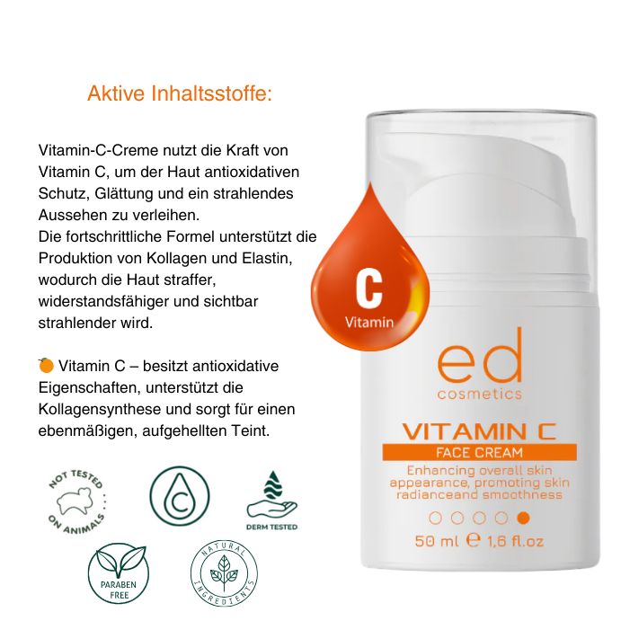 Flacone bianco con etichetta arancione. Testo: Vitamin C Face Cream, ed cosmetics. Testo e loghi aggiuntivi.