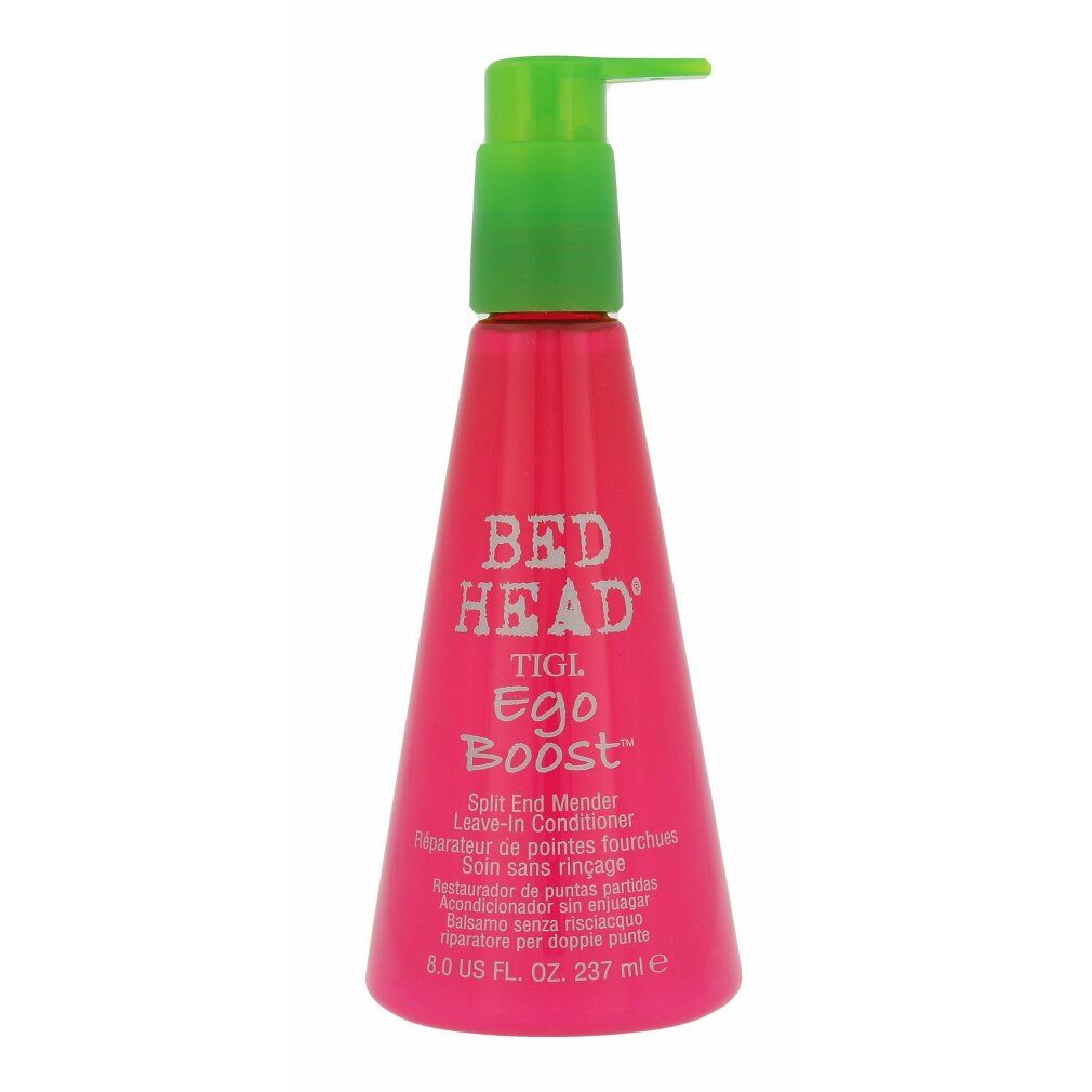 Flacone rosa con erogatore verde. Scritte: BED HEAD, TIGI, Ego Boost. Testo multilingue. Volume: 8.0 US FL. OZ., 237 ml.