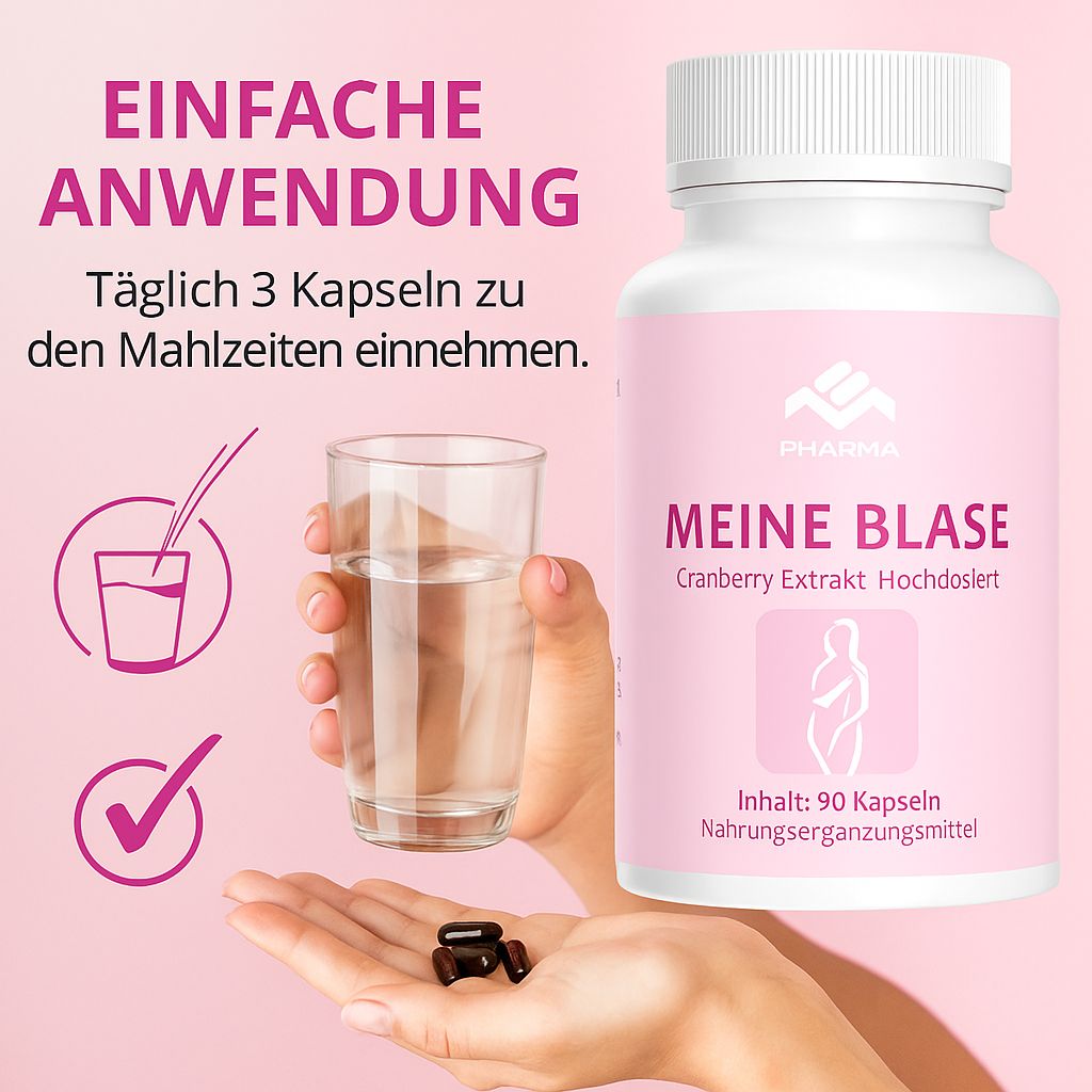Mani che tengono bicchiere d'acqua e capsule. Flacone con etichetta rosa: MEINE BLASE, estratto di mirtillo rosso. 90 capsule.