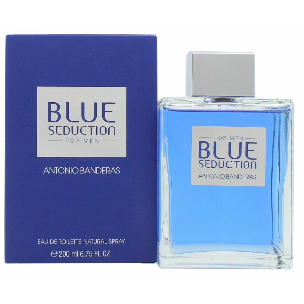 Scatola blu e flacone. Scritta "BLUE SEDUCTION FOR MEN" e "ANTONIO BANDERAS". Flacone con liquido blu.