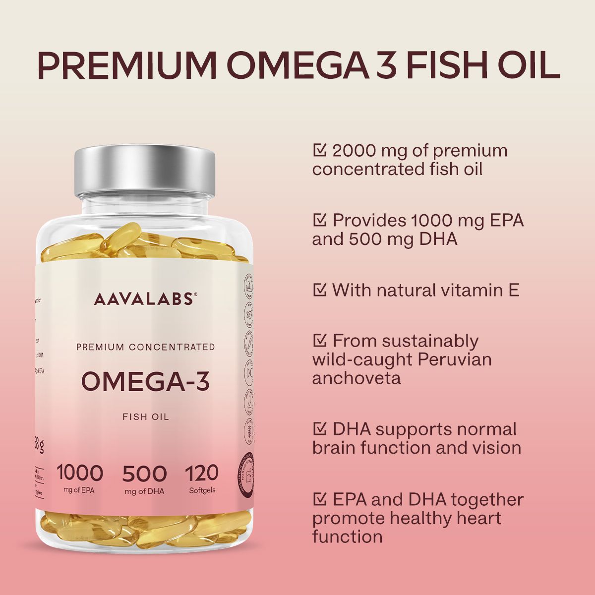 Flacone di Omega-3 con testo e icone. Scritta: Aavalabs, Omega-3, 1000mg EPA, 500mg DHA, 120 softgels.