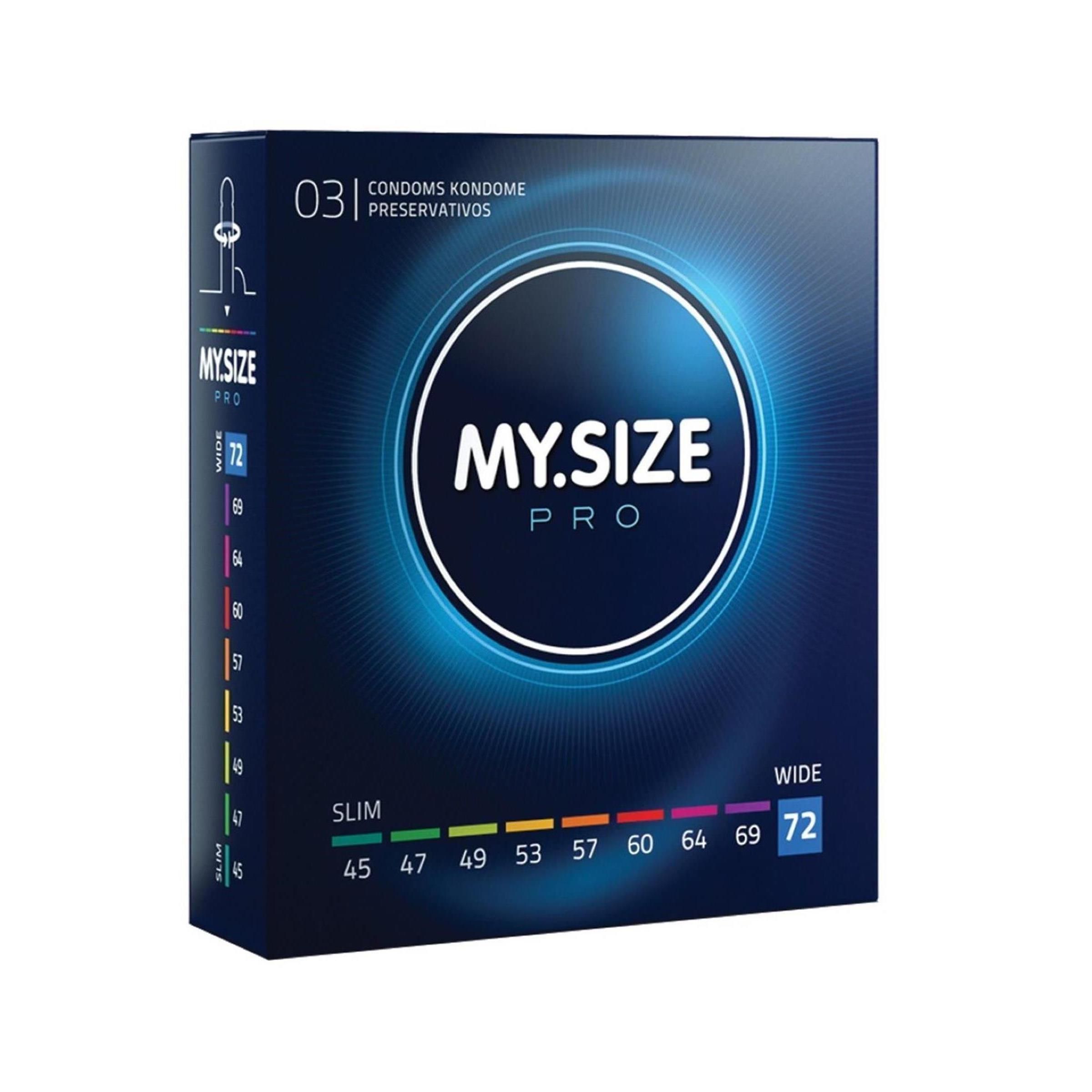 Confezione di preservativi MY.SIZE PRO. Scatola blu con nome del prodotto e indicazioni delle taglie. Taglia 72mm evidenziata.