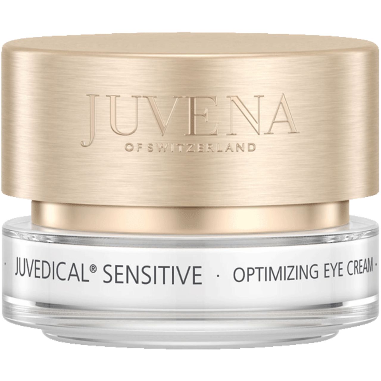 Vasetto di crema con coperchio dorato. Scritta: JUVENA OF SWITZERLAND. Testo: JUVEDICAL SENSITIVE, OPTIMIZING EYE CREAM.