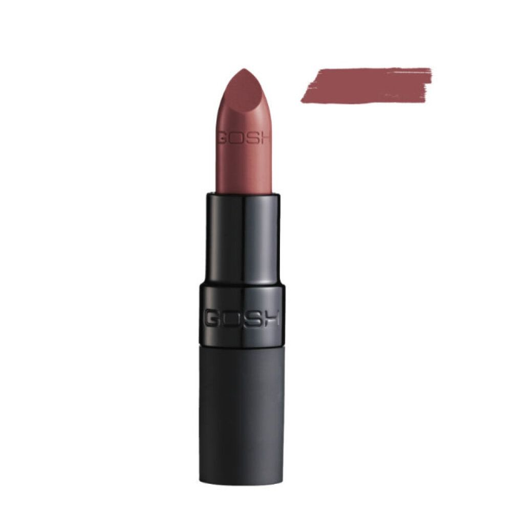 Rossetto GOSH color vinaccia opaco con astuccio nero e campione di colore.