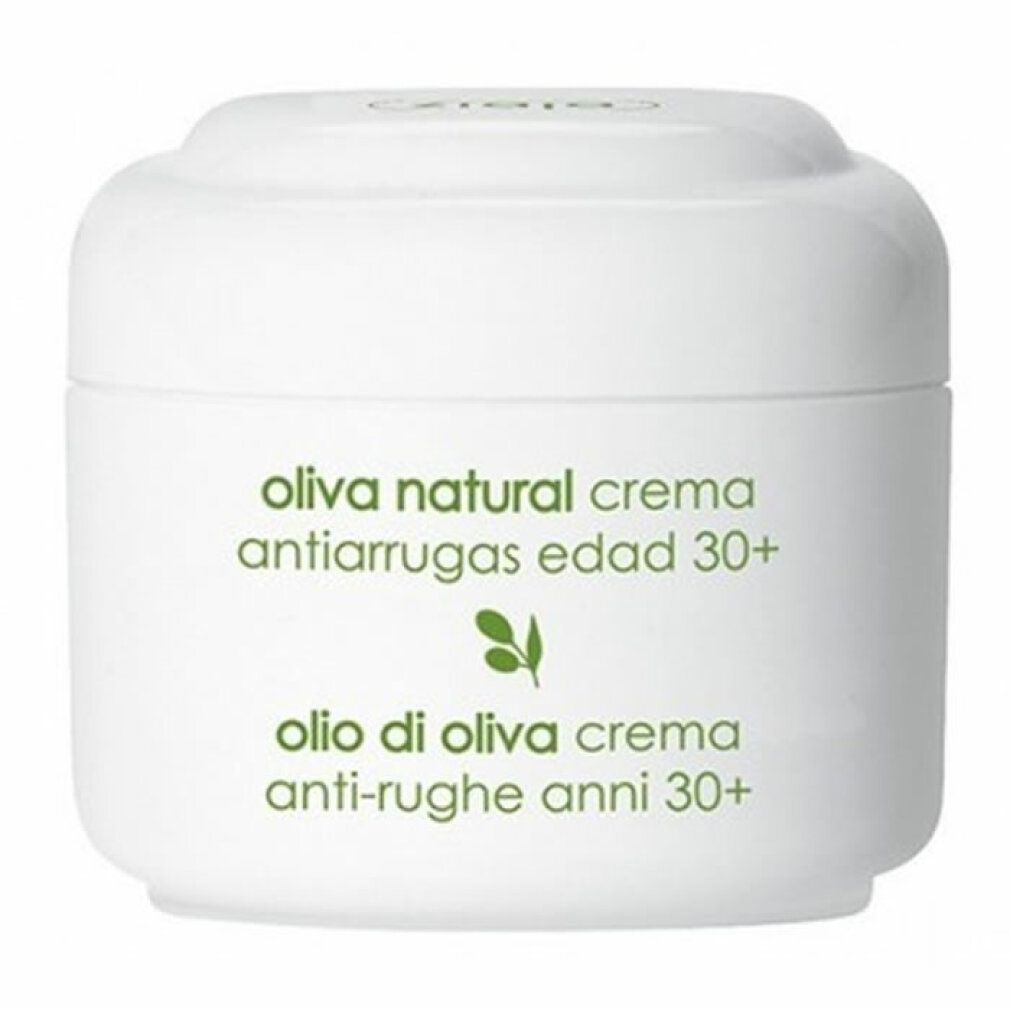 Vasetto bianco con testo verde: oliva natural crema antiarrugas edad 30+, olio di oliva crema anti-rughe anni 30+. Logo vegan.