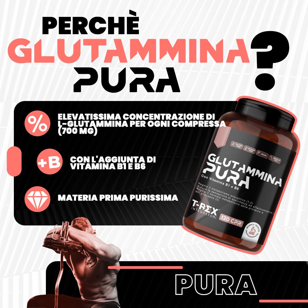 Immagine pubblicitaria con flacone del prodotto. Testo: Perché Glutammina Pura? Alta concentrazione, con vitamina B1 e B6, materie prime pure. Uomo che si allena.