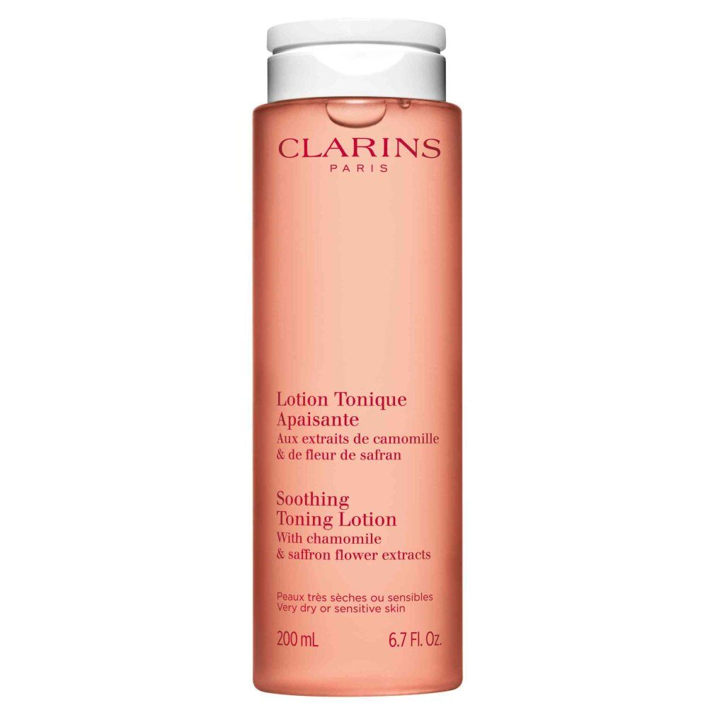 Clarins Lozione Tonica Lenitiva in flacone trasparente con tappo a scatto bianco. Liquido rosa. 200 ml.