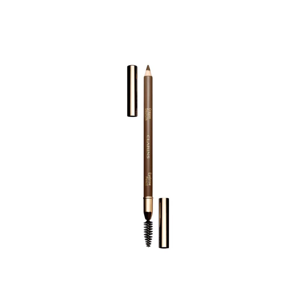 Matita per sopracciglia con spazzola e cappuccio. Marchio Clarins. Colore Soft Blond. Scritta: Eyebrow Pencil.