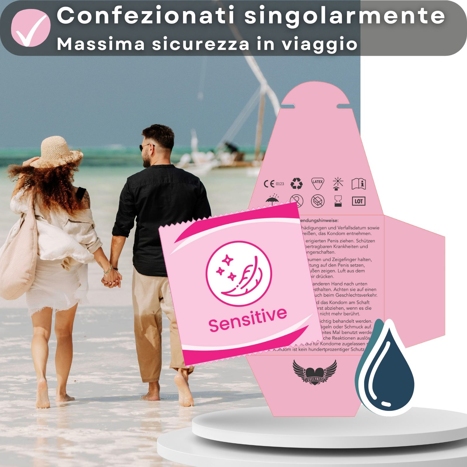 Coppia sulla spiaggia, confezione di preservativi. Confezionati singolarmente, massima sicurezza in viaggio.