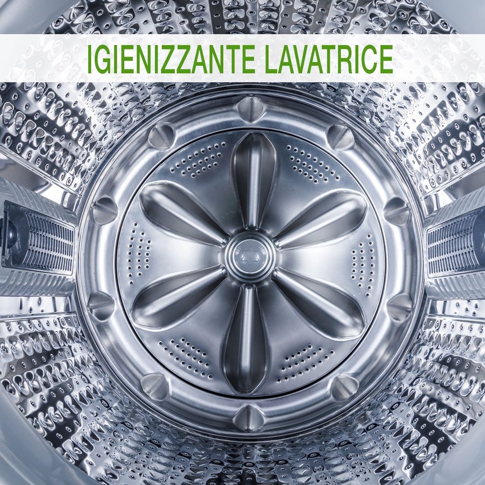 Vista interna di una lavatrice. Testo: IGIENIZZANTE LAVATRICE.