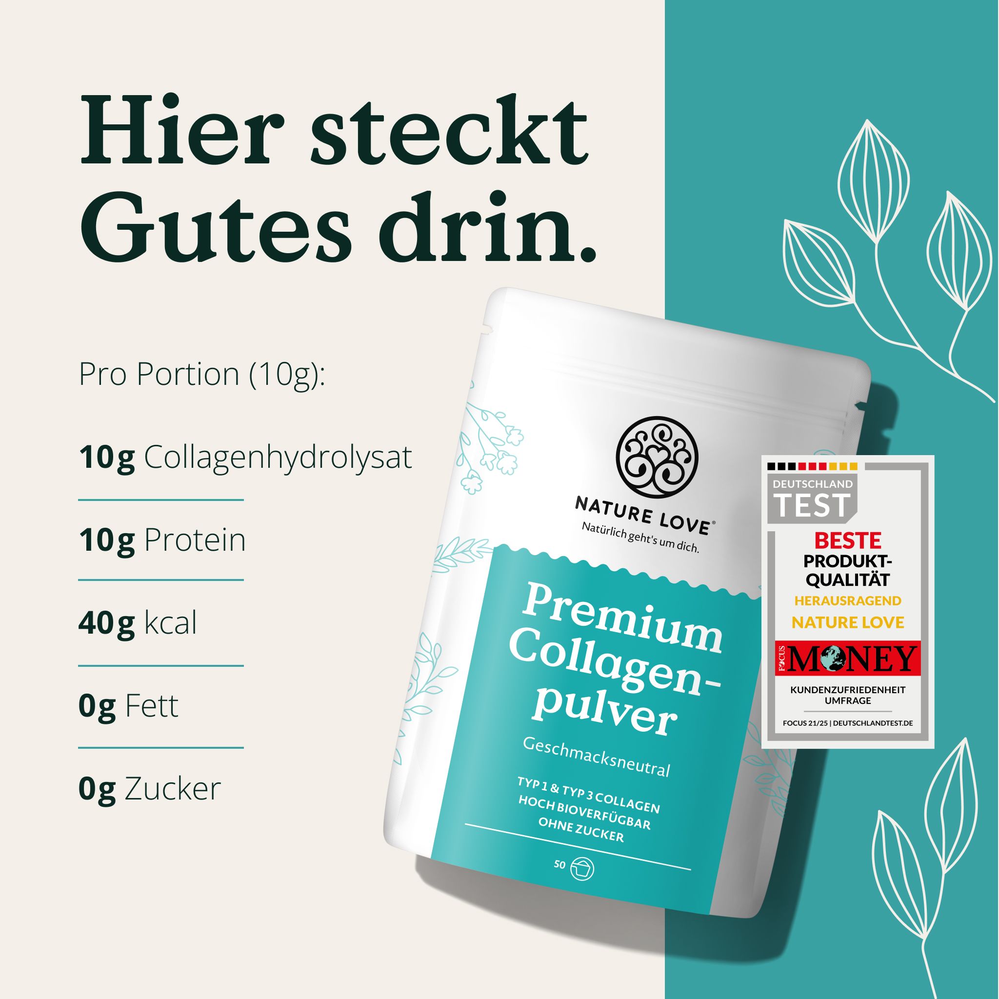 Sacchetto di polvere di collagene NATURE LOVE Premium, informazioni nutrizionali, sigillo di test.