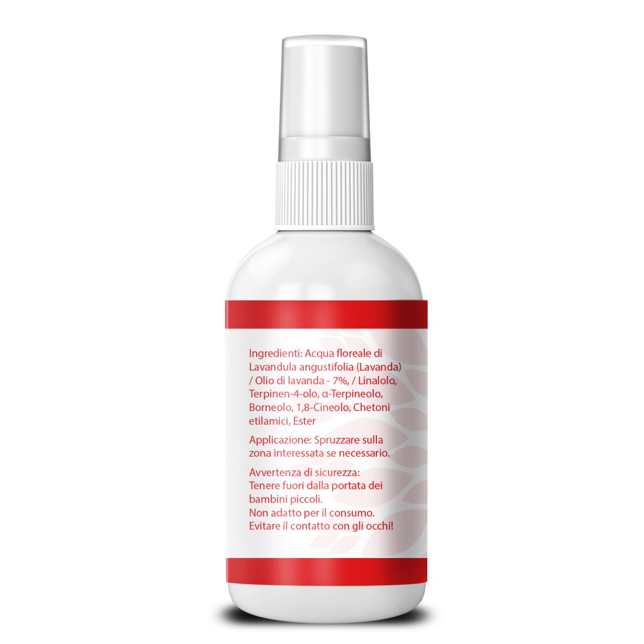Flacone spray bianco con fascia rossa. Retro con ingredienti e avvertenze di sicurezza in italiano.