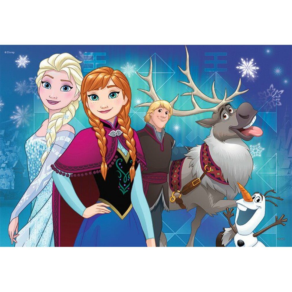 Puzzle con Elsa, Anna, Olaf, Kristoff e Sven. Sfondo con fiocchi di neve. Personaggi del film Frozen.