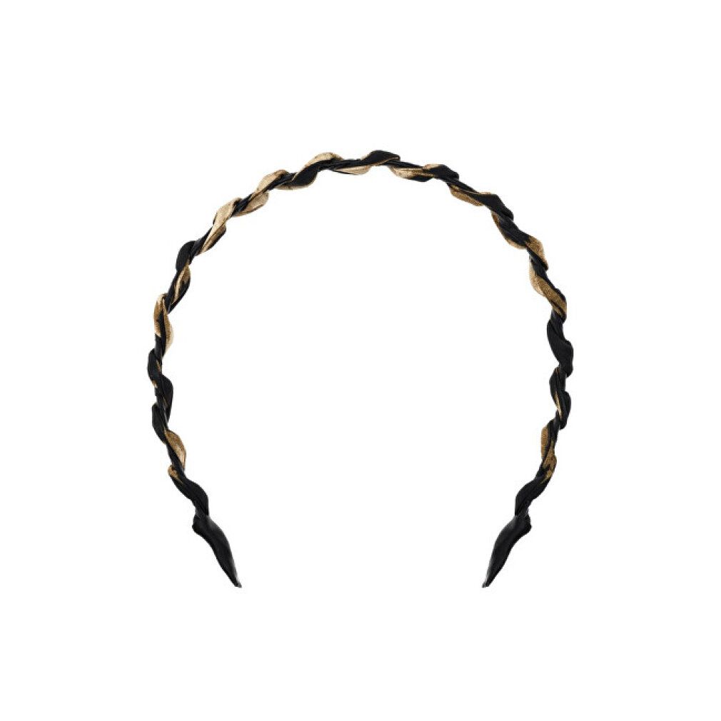 Cerchietto nero e oro. Design ondulato. Prodotto senza confezione, su sfondo bianco.