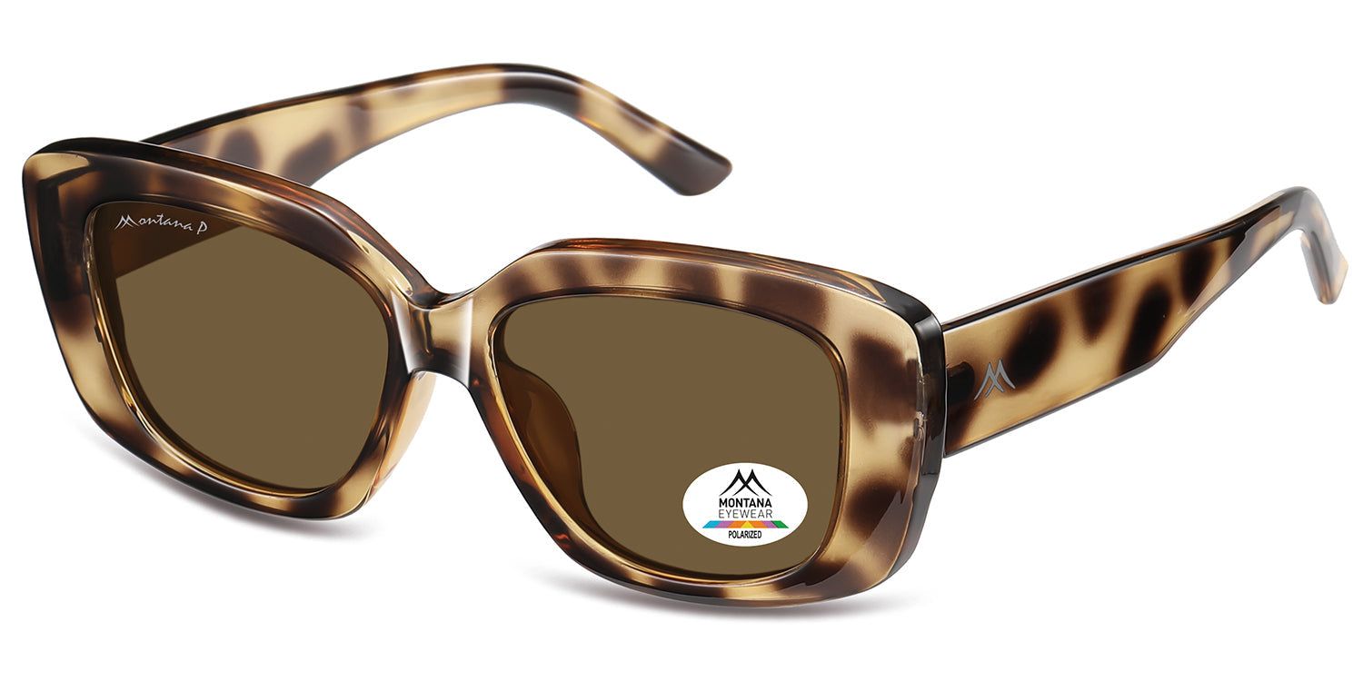 Occhiali da sole marroni con montatura marrone. Logo Montana Eyewear ed etichetta Polarized. Forma squadrata.