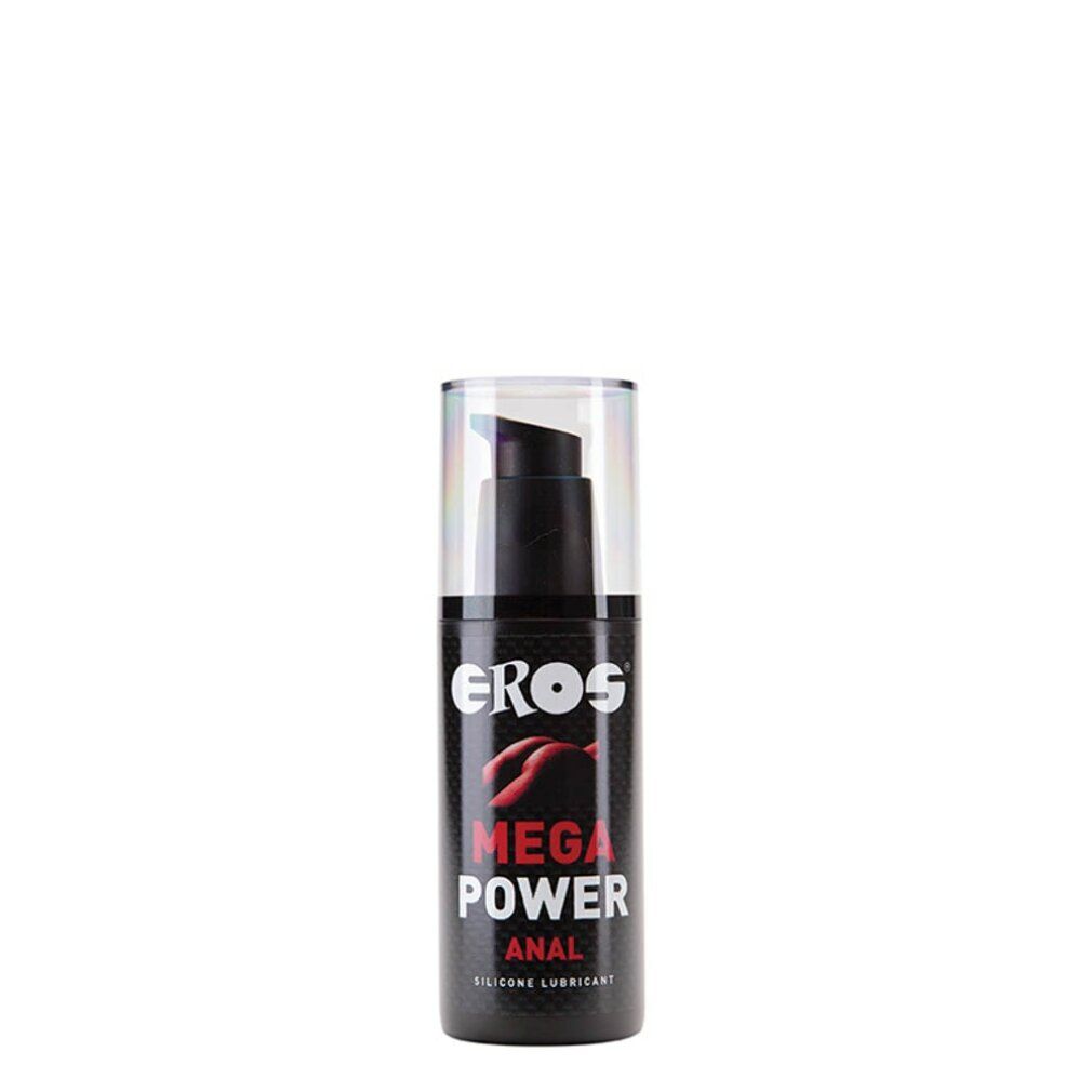 Flacone nero con pompa. Scritta: EROS, MEGA POWER ANAL, SILICONE LUBRICANT. Parte superiore trasparente.