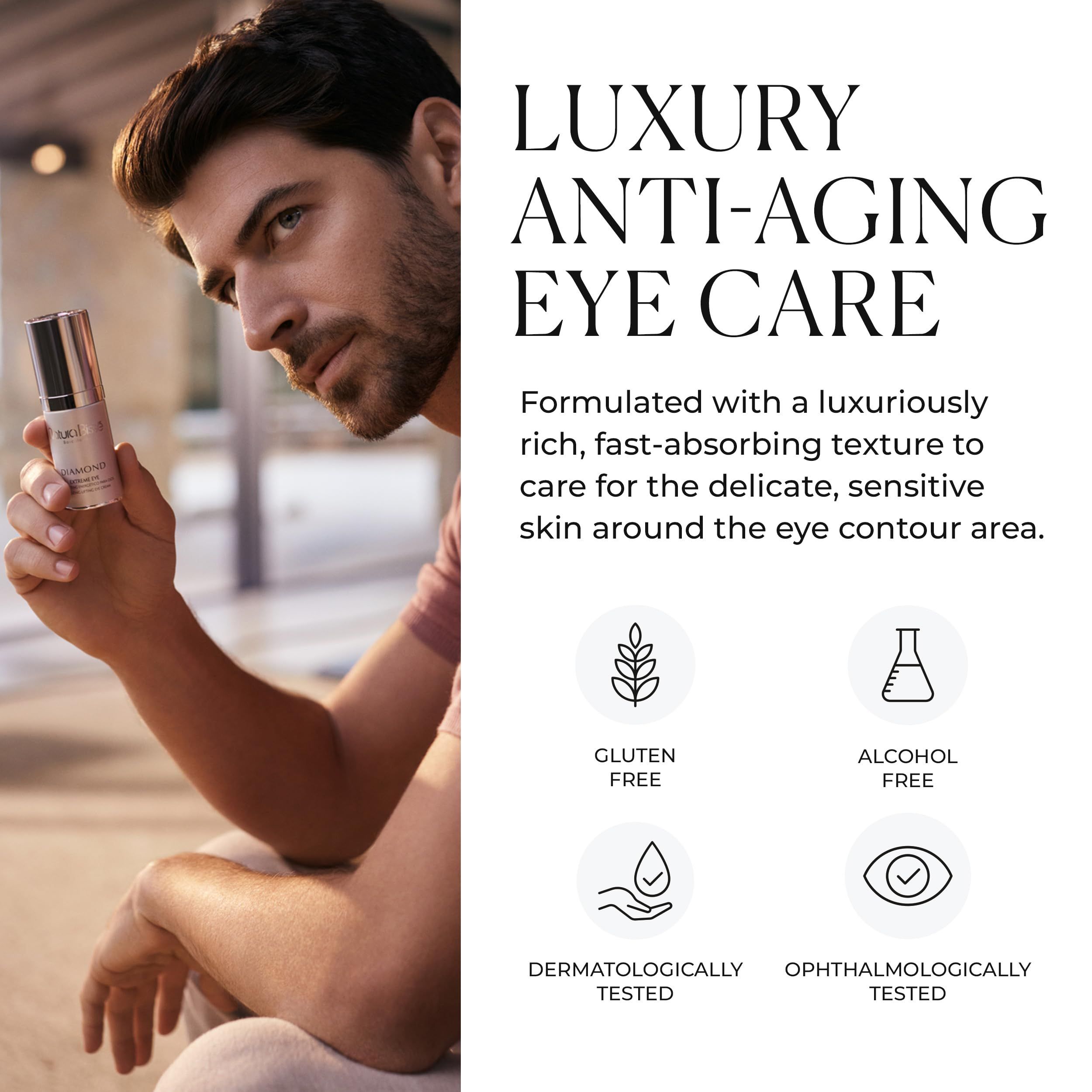 Uomo tiene flacone. Testo: LUXURY ANTI-AGING EYE CARE. Icone: Gluten Free, Alcohol Free, Dermatologically Tested.