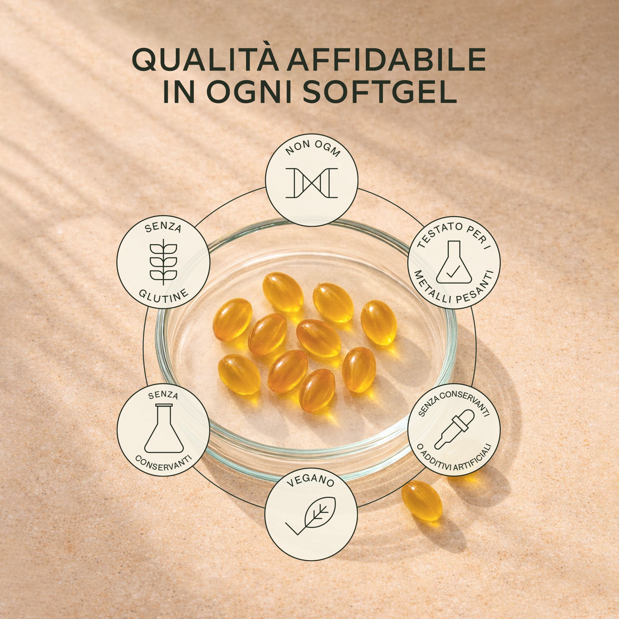 Capsule in una capsula di Petri. Senza OGM, glutine, conservanti. Vegano, testato per metalli pesanti.