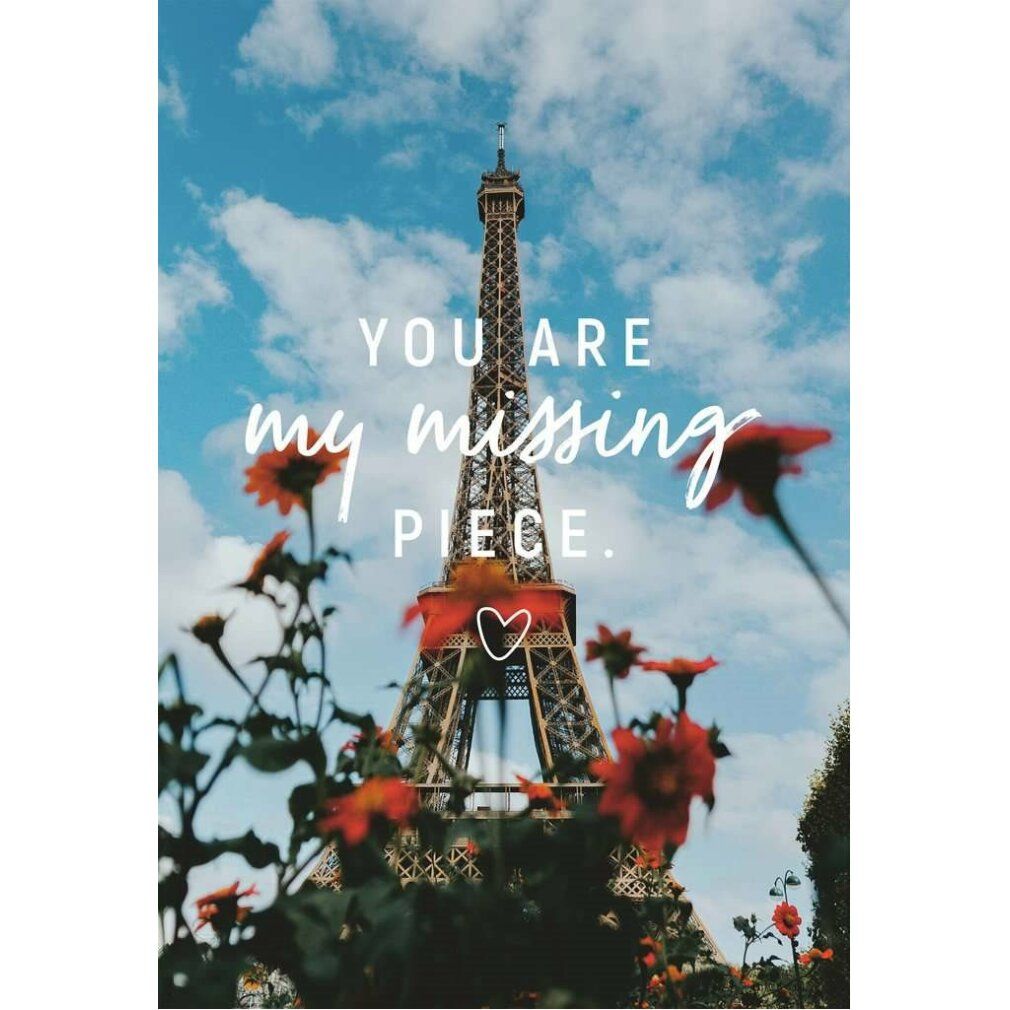 Motivo puzzle con Torre Eiffel, testo "You are my missing piece". Fiori rossi, cielo blu.