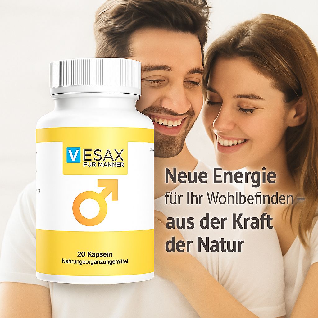 Flacone di Vesax per uomini con coppia sullo sfondo. Scritta: 20 capsule. Confezione giallo-bianca.