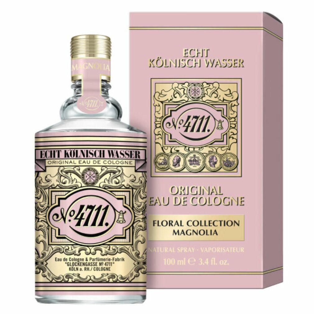 Flacone e confezione di eau de cologne. Etichette rosa e oro. Scritta: Floral Collection Magnolia.